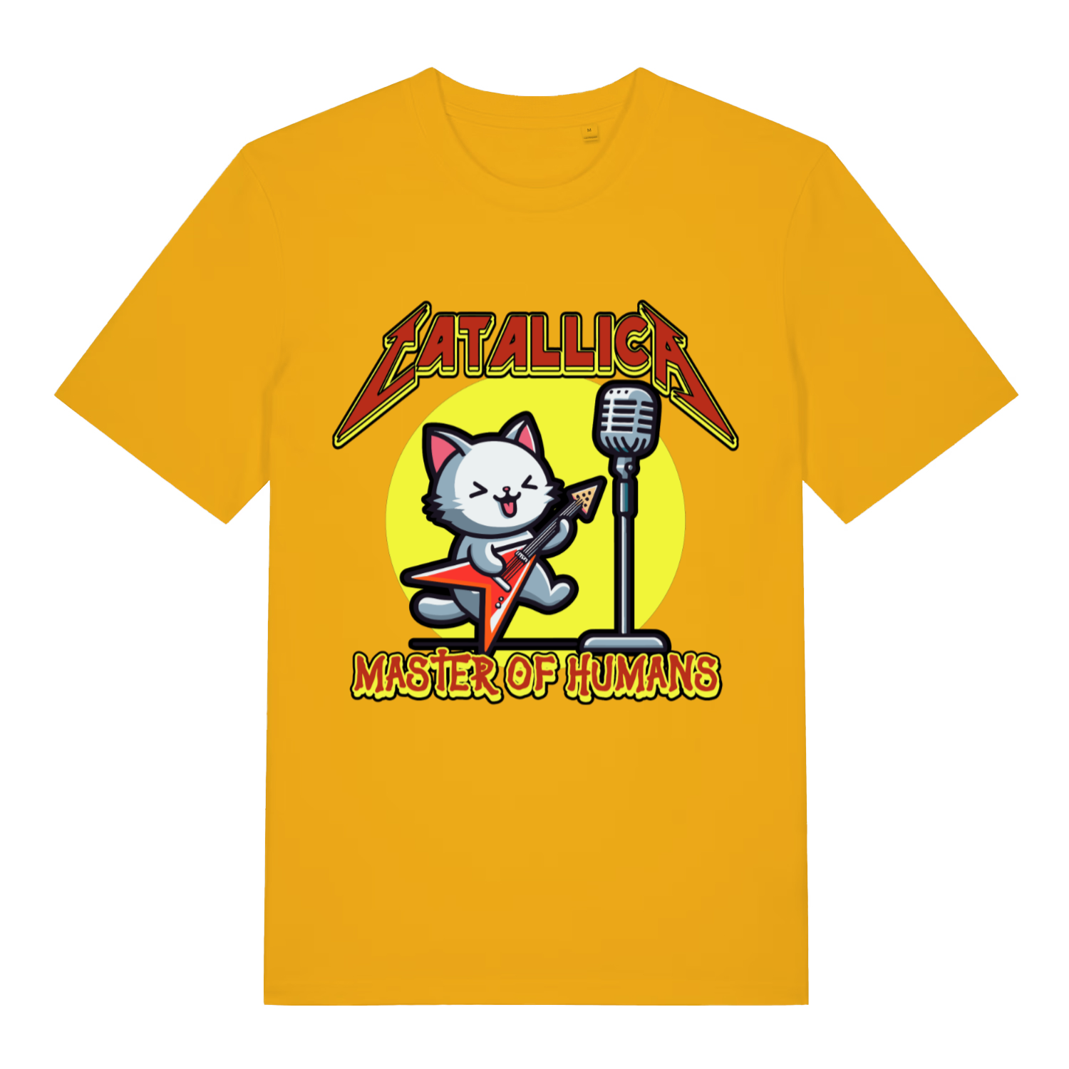Yellow Catallica T-shirt flat lay with vibrant rocking cat guitar illustration and funny band parody