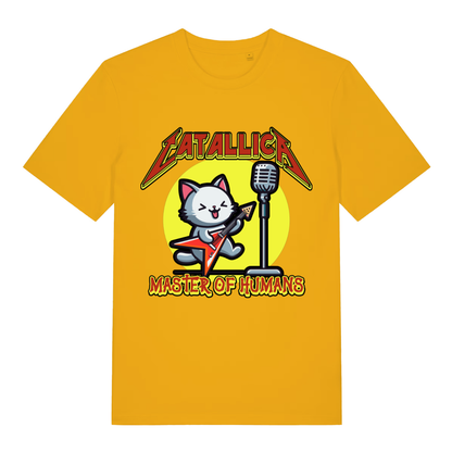 Yellow Catallica T-shirt flat lay with vibrant rocking cat guitar illustration and funny band parody