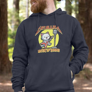 Man wearing a Graphic hoodie with a cartoon cat playing guitar, labeled 