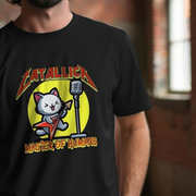 Black music t-shirt with a graphic design of a cat playing guitar next to a microphone, resembling a well-known band's logo and the slogan 