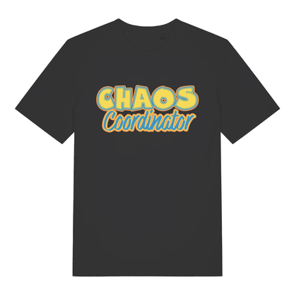 Black women's Chaos Coordinator T-shirt flat lay with bold fun retro slogan perfect relatable mum tee