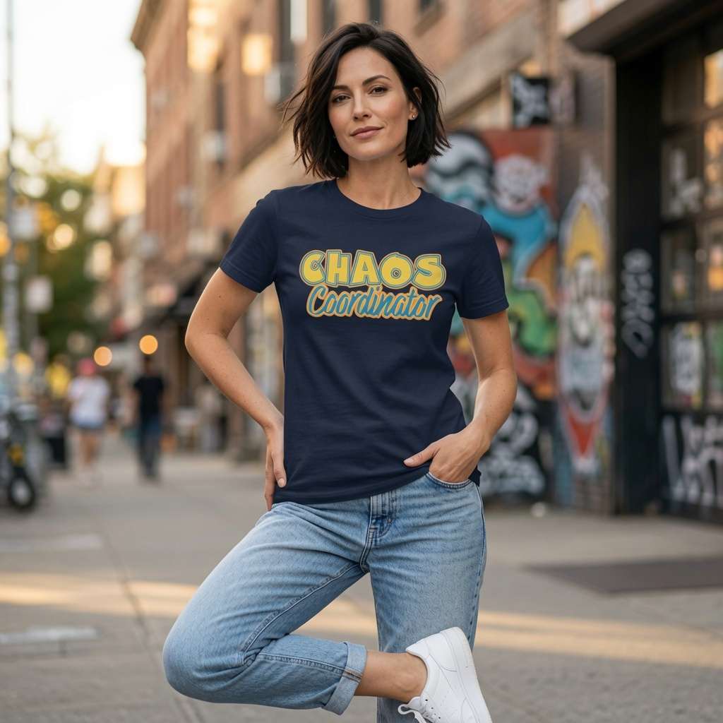 Woman in navy Chaos Coordinator t-shirt, fun witty mum multi tasker statement shirt