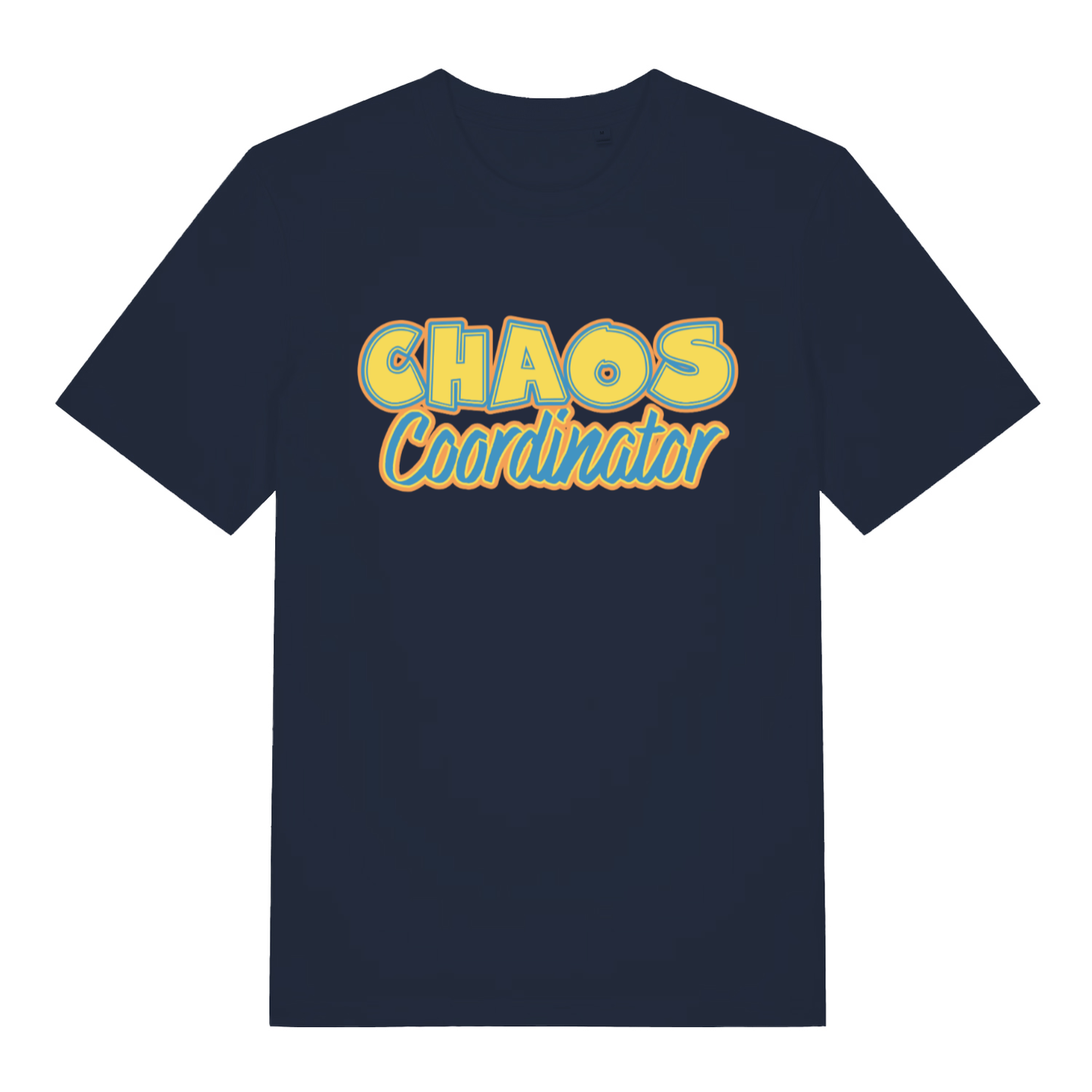 Navy women's Chaos Coordinator T-shirt flat lay featuring colourful "Chaos Coordinator" multi-tasking quote