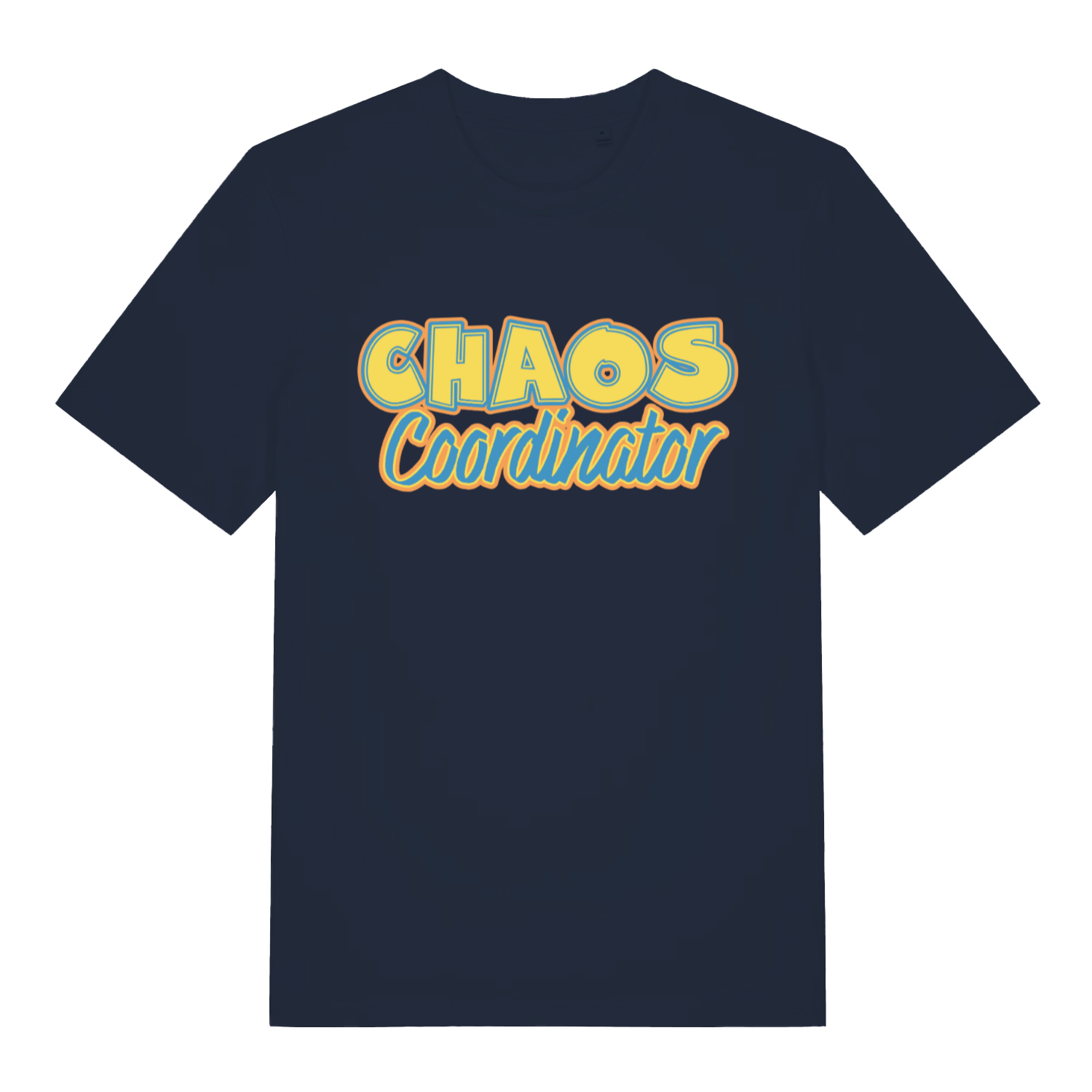 Navy women's Chaos Coordinator T-shirt flat lay featuring colourful "Chaos Coordinator" multi-tasking quote