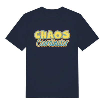 Navy women's Chaos Coordinator T-shirt flat lay featuring colourful "Chaos Coordinator" multi-tasking quote