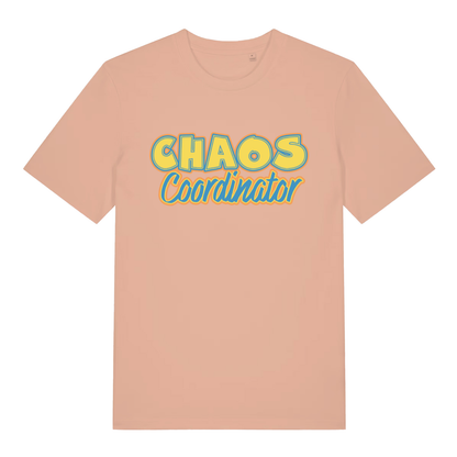Peach women's Chaos Coordinator T-shirt flat lay showing witty mum slogan on soft ladies fit