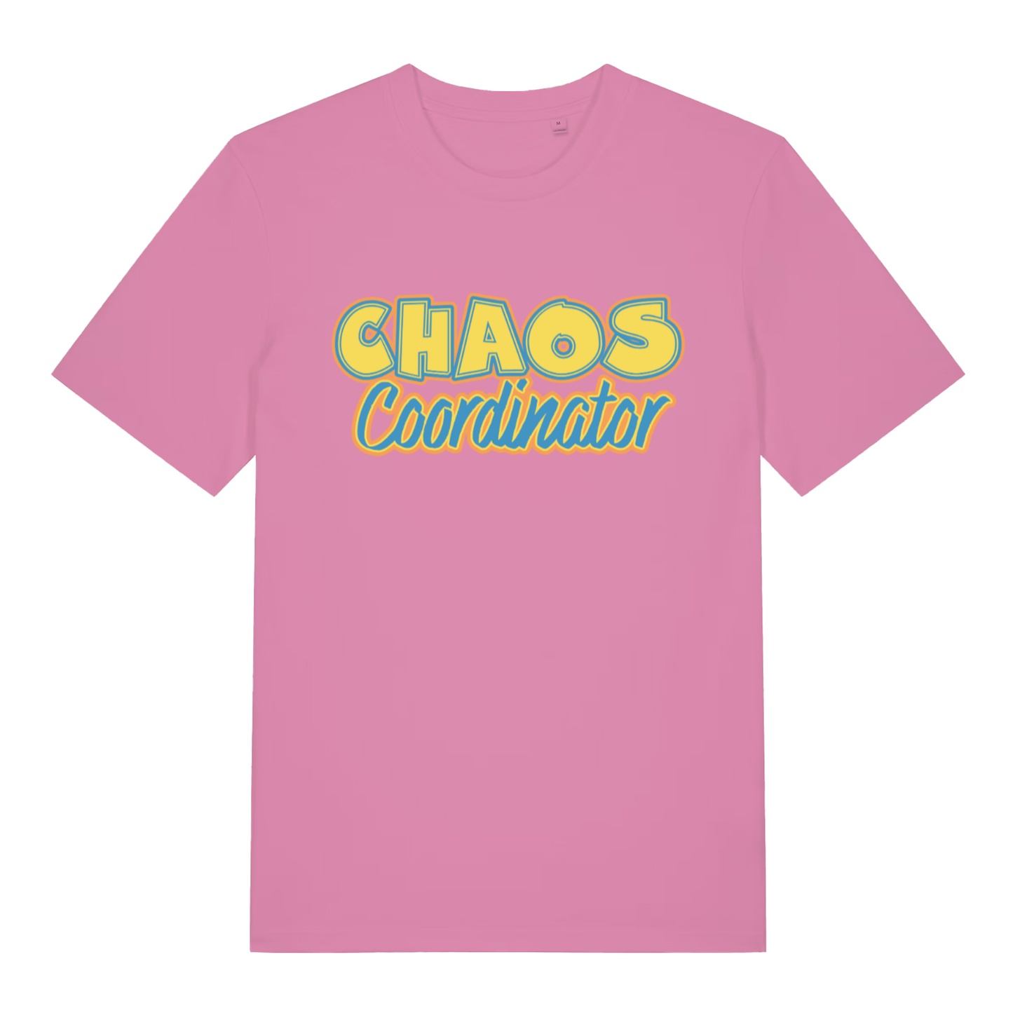 Pink women's Chaos Coordinator T-shirt flat lay with vibrant chaos coordinator text design
