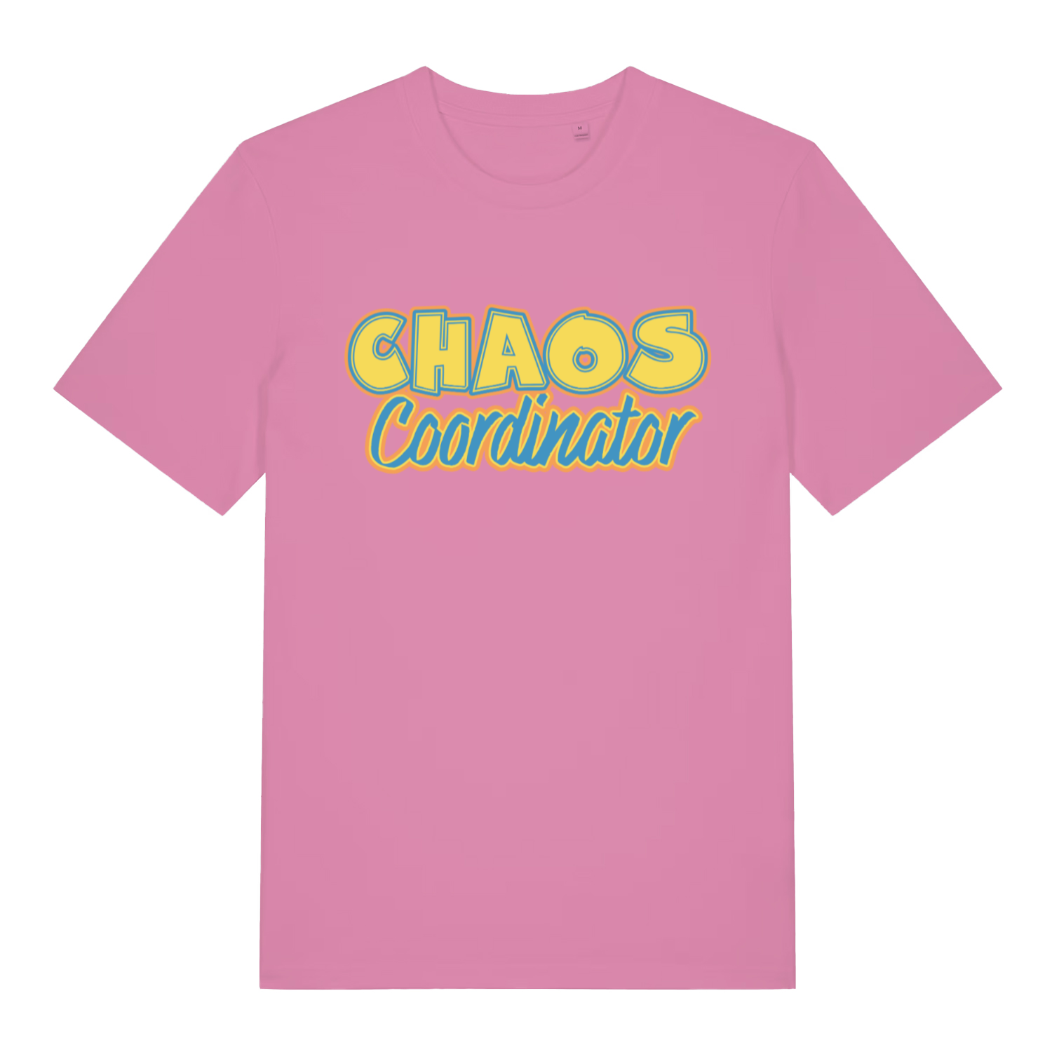Pink women's Chaos Coordinator T-shirt flat lay with vibrant chaos coordinator text design