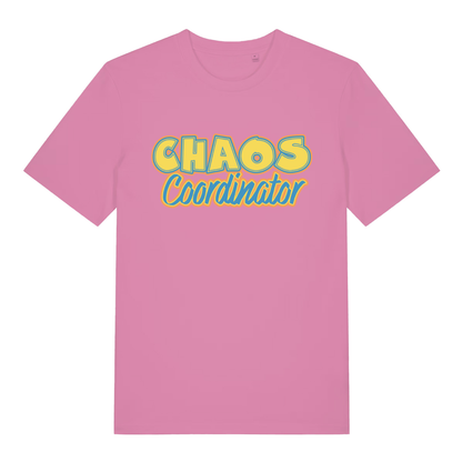 Pink women's Chaos Coordinator T-shirt flat lay with vibrant chaos coordinator text design