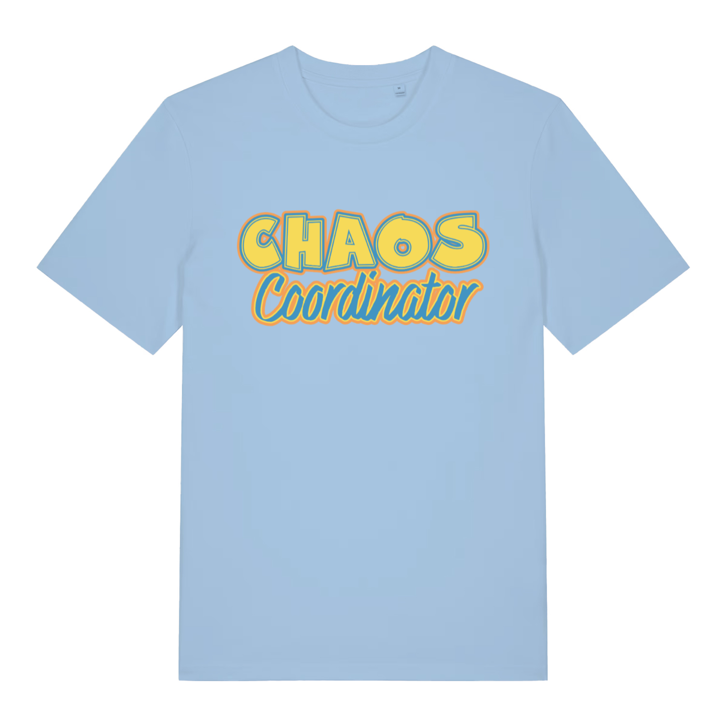 Sky blue women's Chaos Coordinator T-shirt flat lay displaying fun relatable household manager slogan