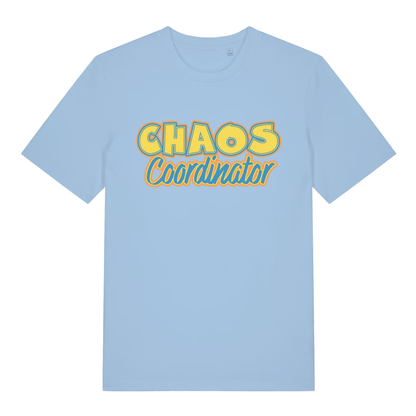 Sky blue women's Chaos Coordinator T-shirt flat lay displaying fun relatable household manager slogan