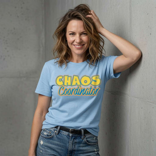 Woman in sky blue Chaos Coordinator tee, funny relatable mum quote gift