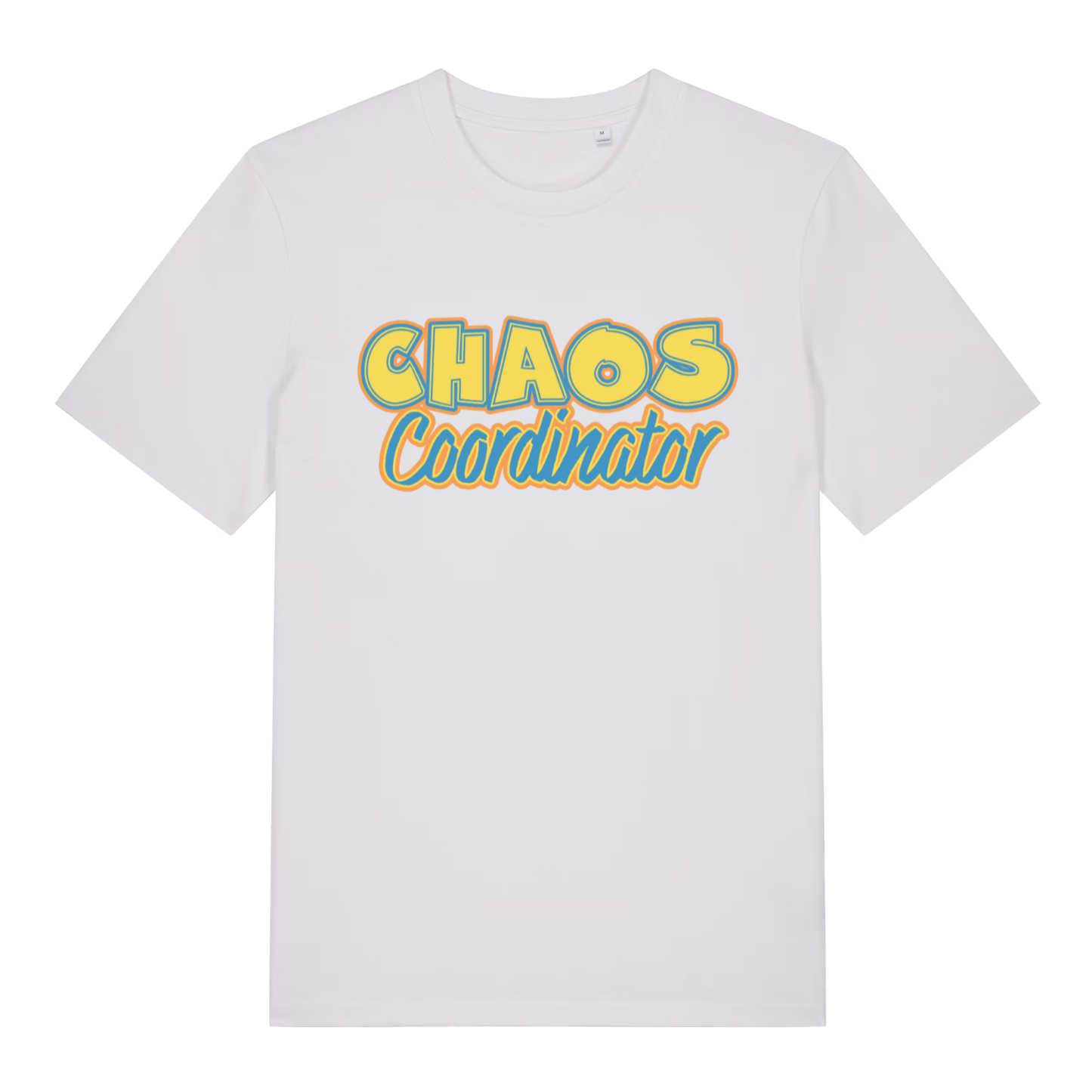 White women's Chaos Coordinator T-shirt flat lay with bold retro "Chaos Coordinator" mum quote