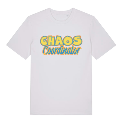 White women's Chaos Coordinator T-shirt flat lay with bold retro "Chaos Coordinator" mum quote