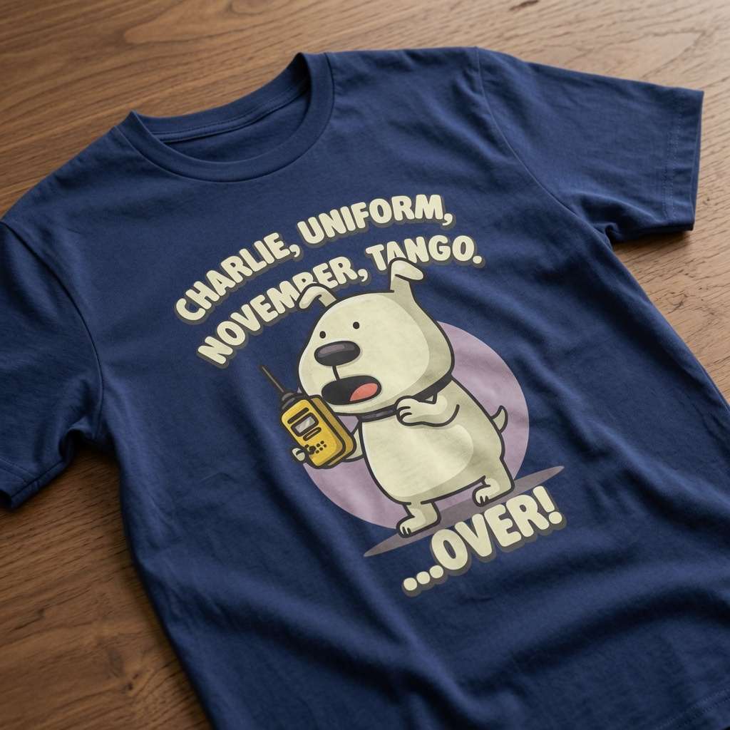 Blue Charlie Uniform November Tango dog t-shirt on wood, cheeky funny offensive phonetic puppy tee