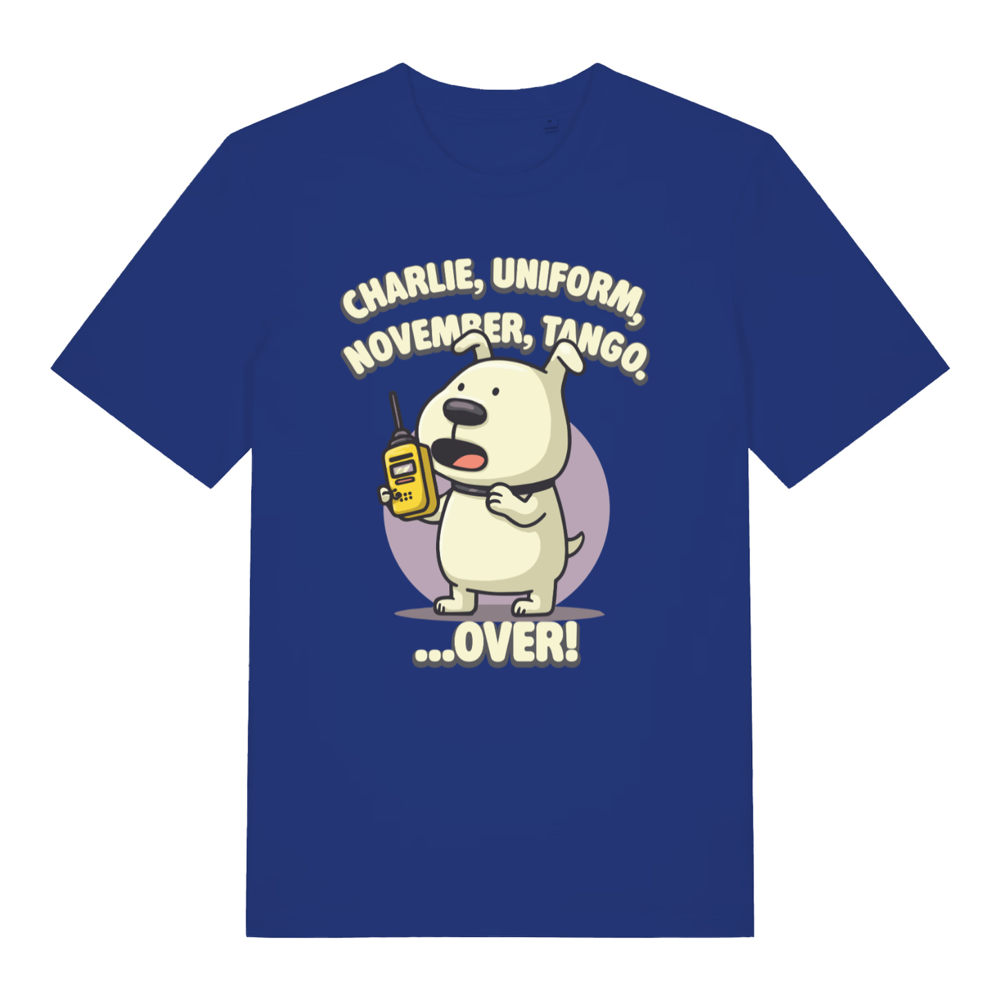 Blue Charlie Dog T-shirt flat lay with funny phonetic alphabet puppy and walkie-talkie "OVER" graphic