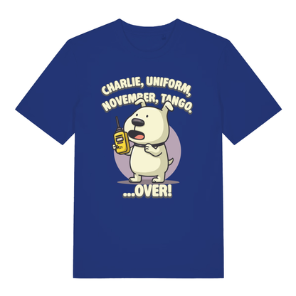 Blue Charlie Dog T-shirt flat lay with funny phonetic alphabet puppy and walkie-talkie "OVER" graphic