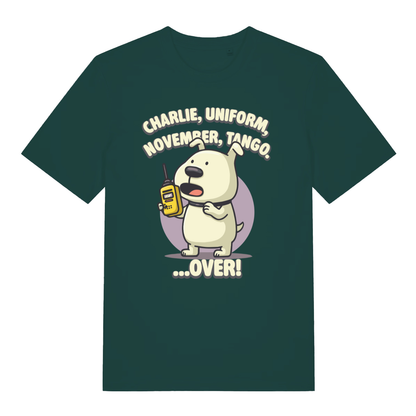 Green Charlie Dog T-shirt flat lay featuring cheeky rude phonetic dog pun perfect banter tee