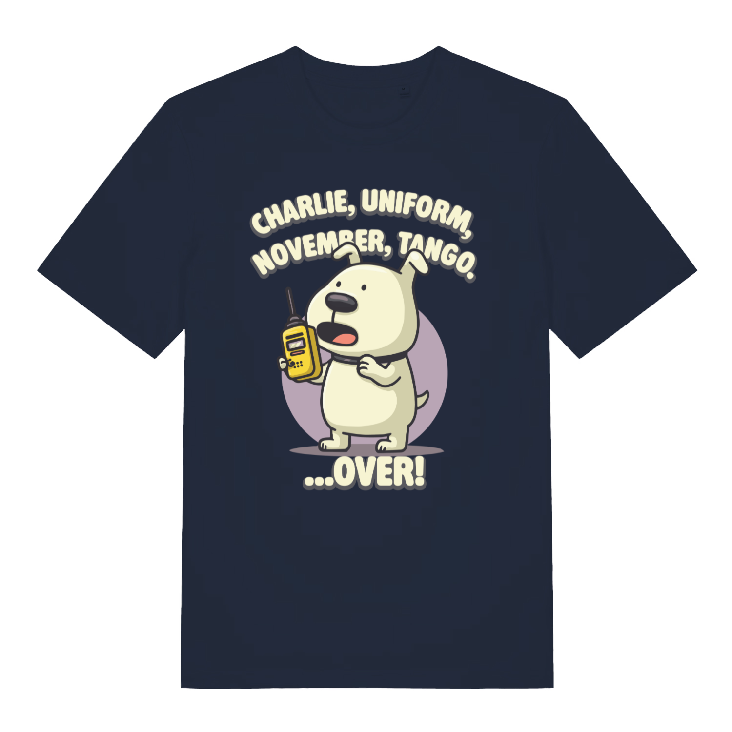 Navy Charlie Dog T-shirt flat lay with cute dog radio operator illustration and phonetic slogan