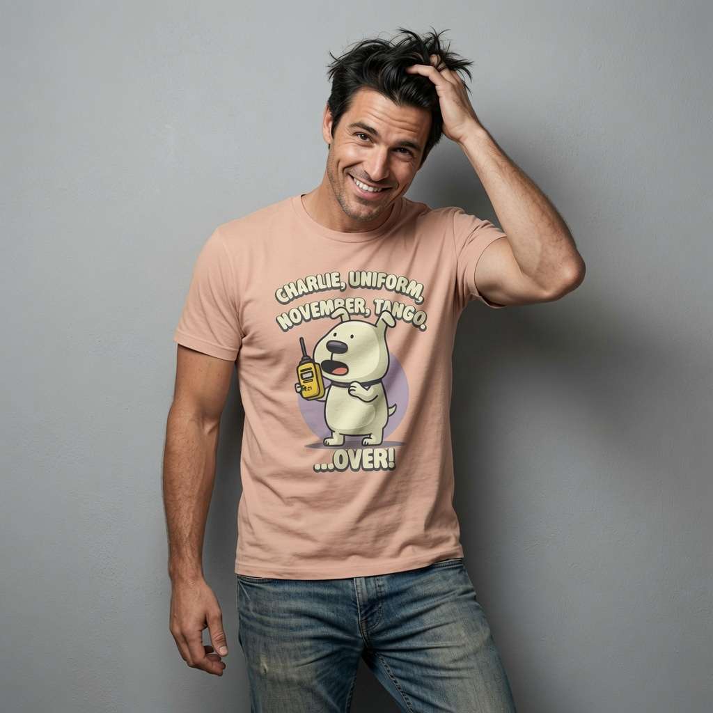 Man in peach Charlie Uniform November Tango tee, fun cheeky witty dog pup pun shirt