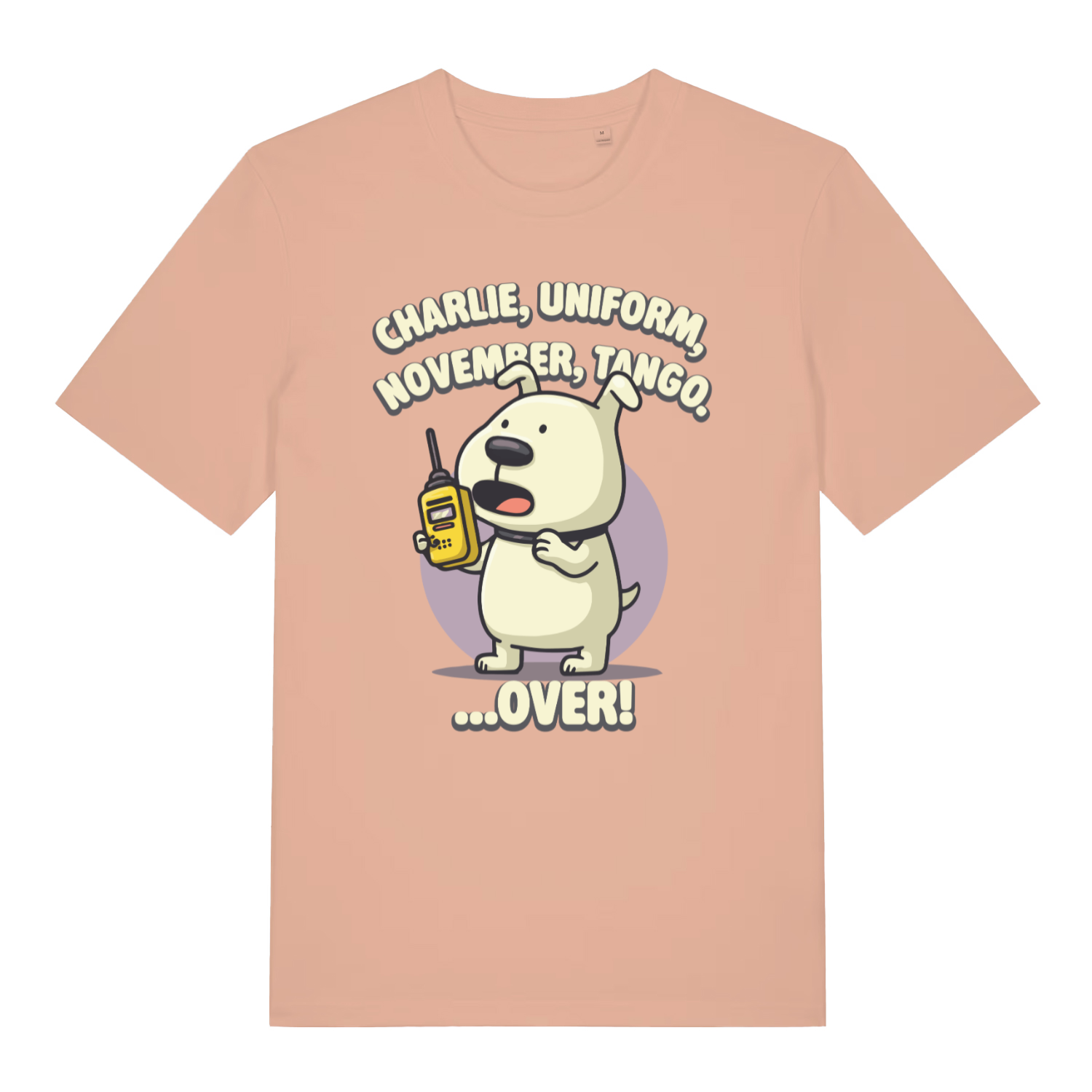 Peach Charlie Dog T-shirt flat lay displaying witty phonetic alphabet puppy graphic