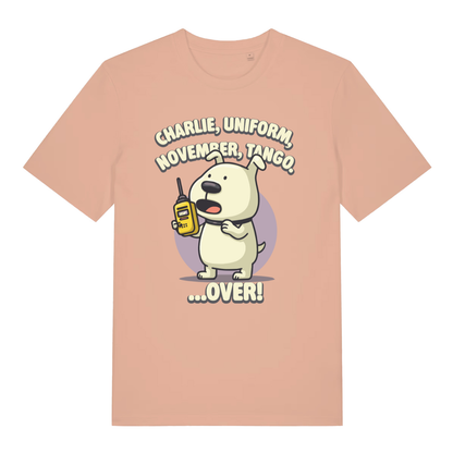 Peach Charlie Dog T-shirt flat lay displaying witty phonetic alphabet puppy graphic