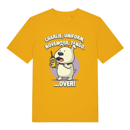 Yellow Charlie Dog T-shirt flat lay with vibrant funny dog walkie-talkie "OVER" pun