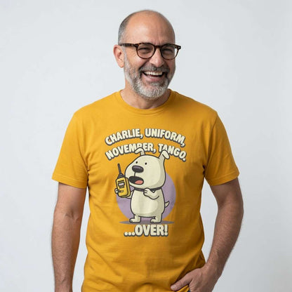 Man in yellow Charlie Uniform November Tango dog t-shirt, funny witty cheeky offensive phonetic puppy tee