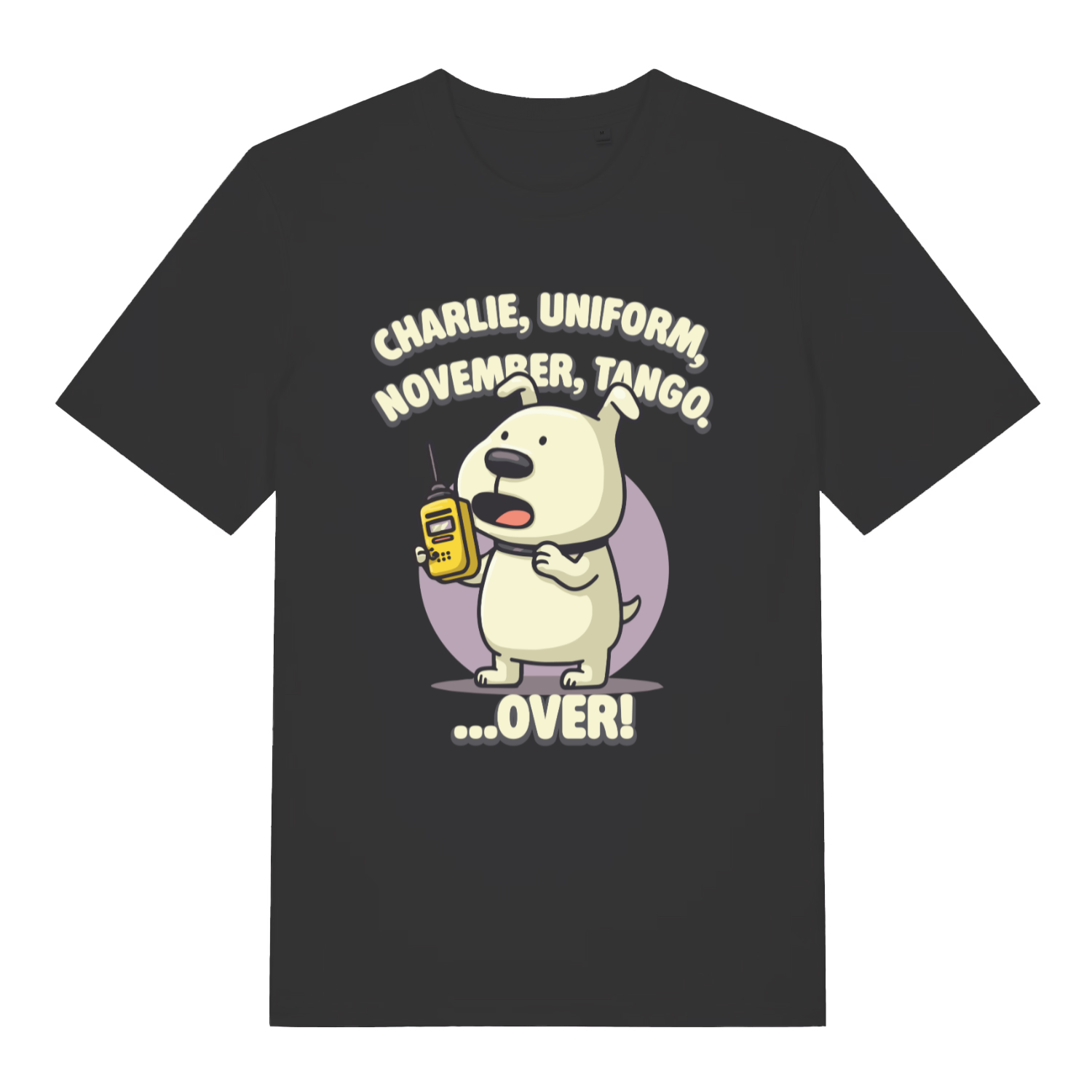 Black women's Charlie Dog T-shirt flat lay with funny phonetic alphabet puppy walkie-talkie graphic