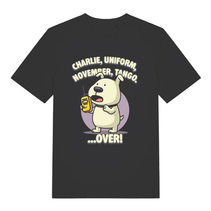 Black women's Charlie Dog T-shirt flat lay with funny phonetic alphabet puppy walkie-talkie graphic