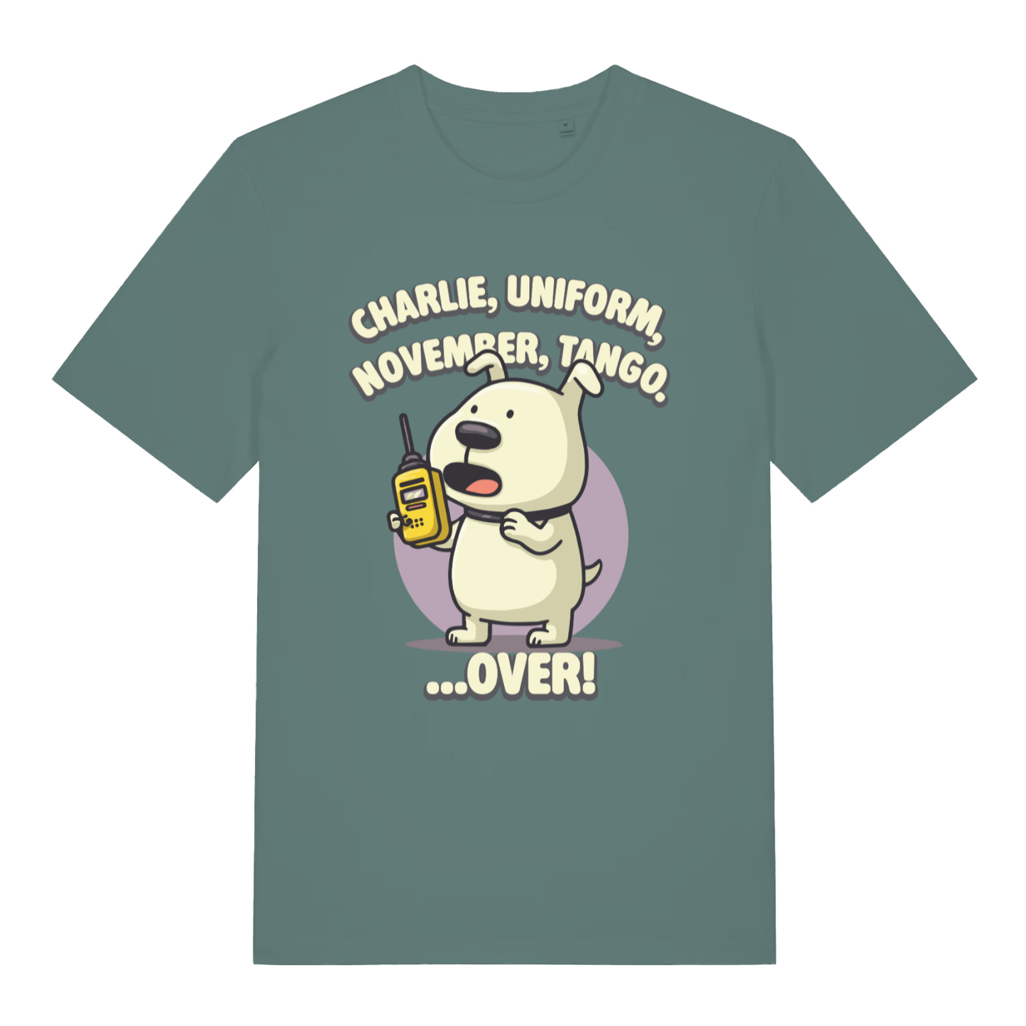 Green women's Charlie Dog T-shirt flat lay featuring cheeky rude phonetic dog pun on ladies fit