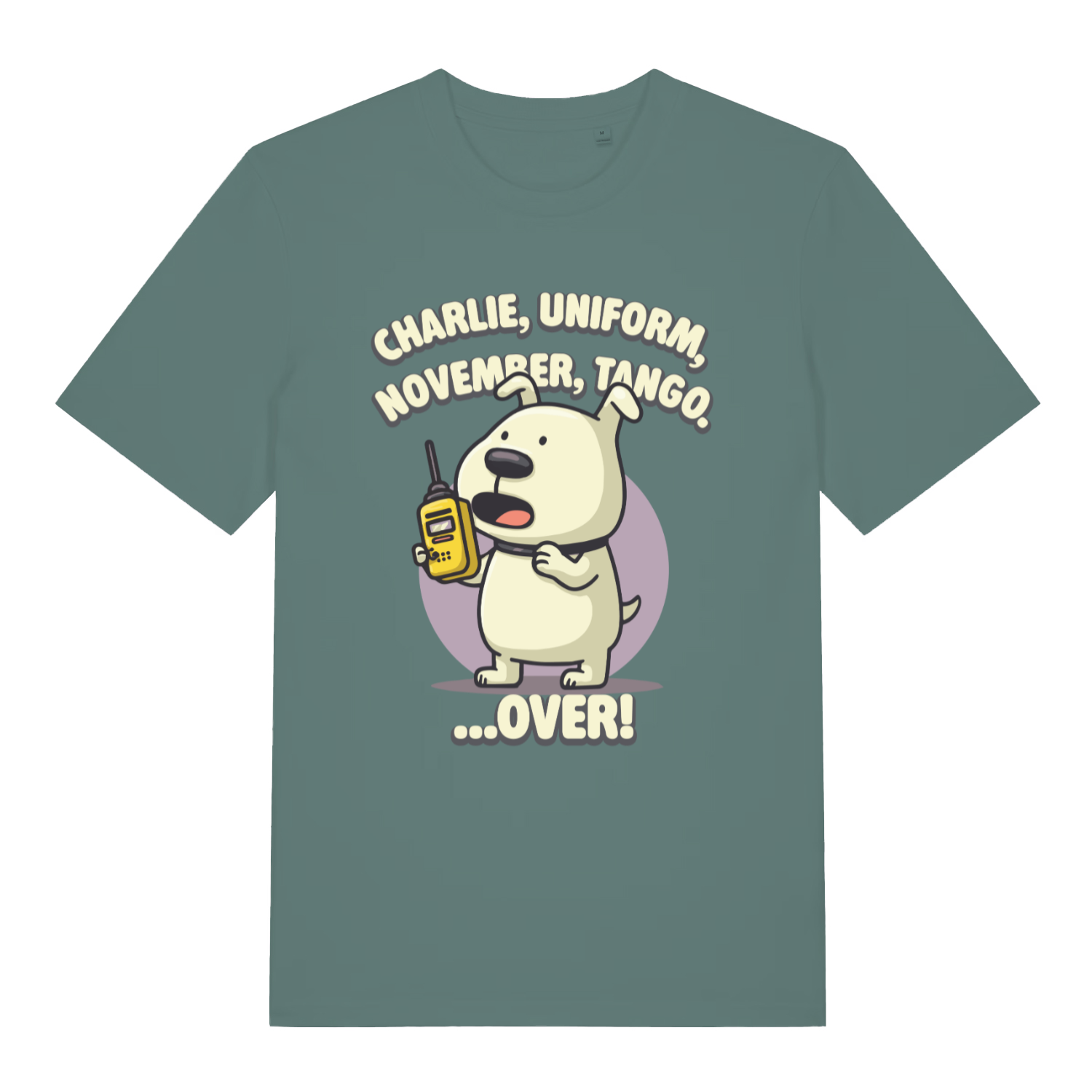 Green women's Charlie Dog T-shirt flat lay featuring cheeky rude phonetic dog pun on ladies fit