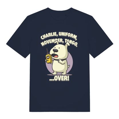 Navy women's Charlie Dog T-shirt flat lay showing humorous "Charlie Uniform November Tango OVER" design