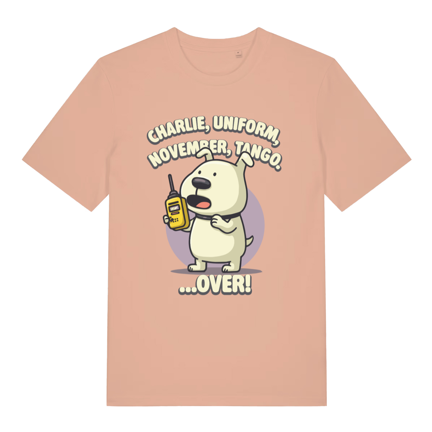 Peach women's Charlie Dog T-shirt flat lay with cute dog radio operator illustration
