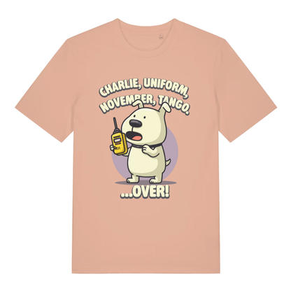 Peach women's Charlie Dog T-shirt flat lay with cute dog radio operator illustration