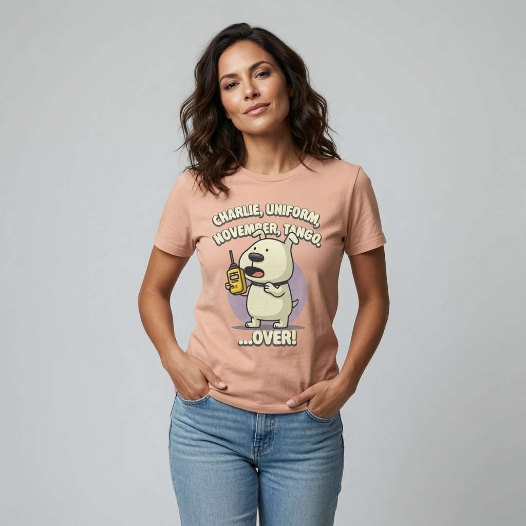 Woman in peach Charlie Uniform November Tango tee, witty funny offensive phonetic pup gift