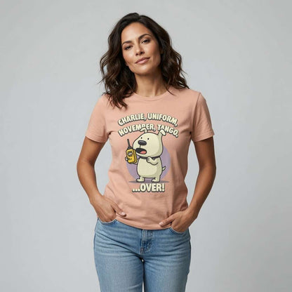 Woman in peach Charlie Uniform November Tango tee, witty funny offensive phonetic pup gift