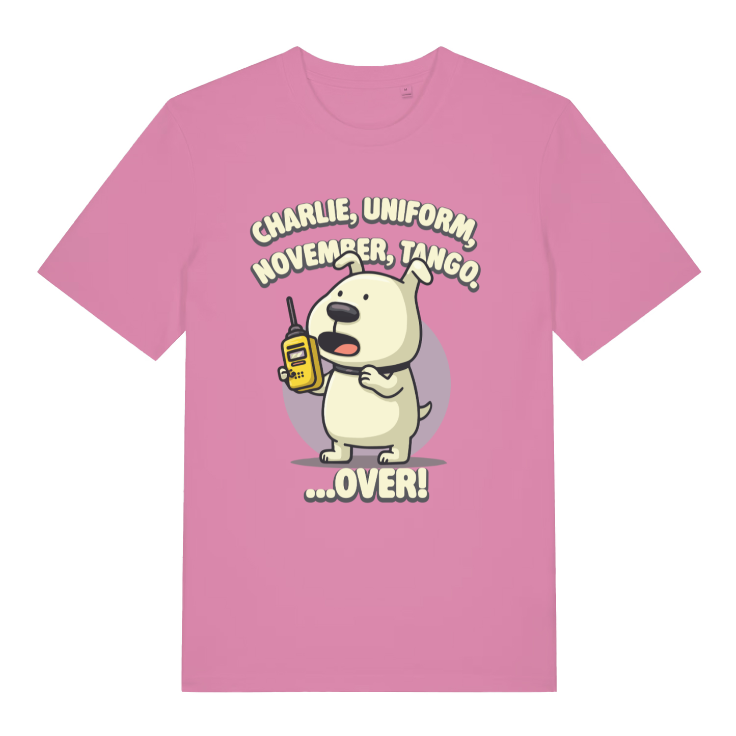 Pink women's Charlie Dog T-shirt flat lay displaying witty phonetic alphabet puppy slogan