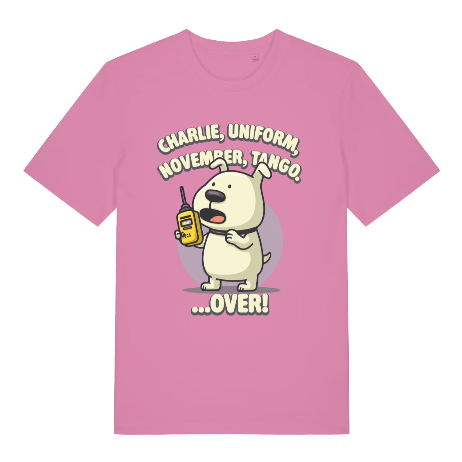 Pink women's Charlie Dog T-shirt flat lay displaying witty phonetic alphabet puppy slogan