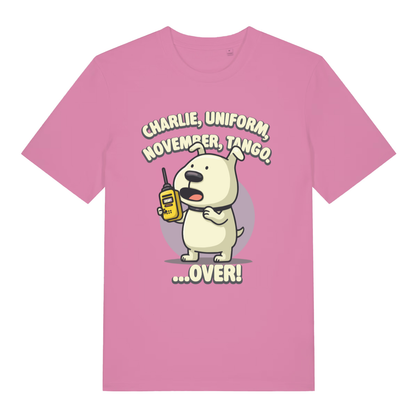 Pink women's Charlie Dog T-shirt flat lay displaying witty phonetic alphabet puppy slogan