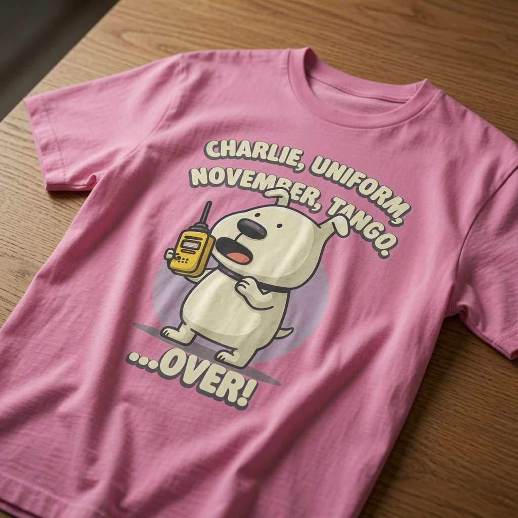 Pink Charlie Uniform November Tango dog t-shirt on wood, fun cheeky rude dog graphic shirt