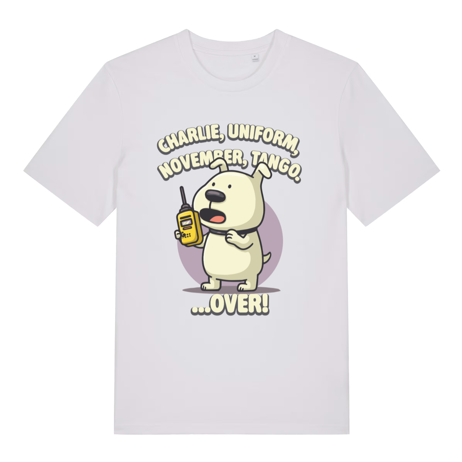 White women's Charlie Dog T-shirt flat lay with bold funny dog walkie-talkie "OVER" graphic