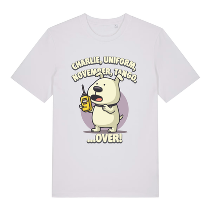 White women's Charlie Dog T-shirt flat lay with bold funny dog walkie-talkie "OVER" graphic