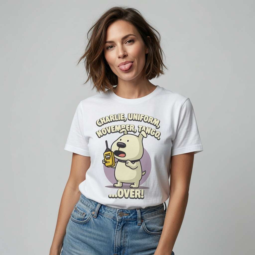 Woman in white Charlie Uniform November Tango dog t-shirt, fun cheeky offensive phonetic dog tee
