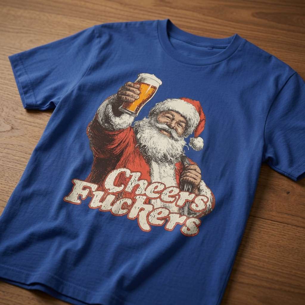 Blue Cheers Fuckers Santa t-shirt on wood, rude offensive dirty santa xmas pub banter tee