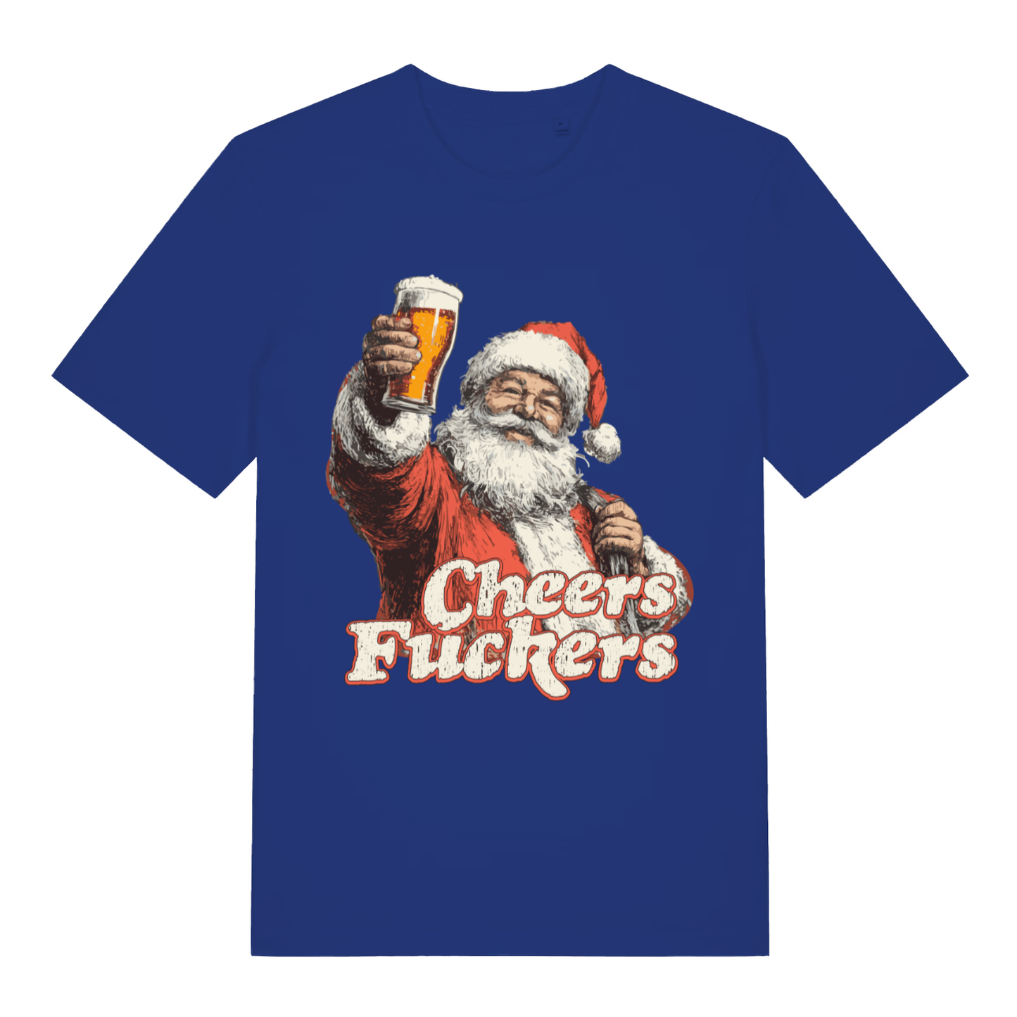 Blue Cheers Fuckers T-shirt flat lay with rude Santa beer graphic perfect offensive Christmas pub banter tee