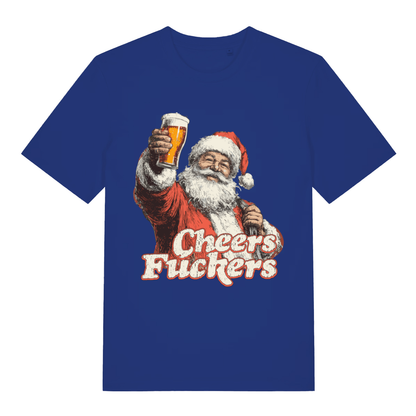 Blue Cheers Fuckers T-shirt flat lay with rude Santa beer graphic perfect offensive Christmas pub banter tee