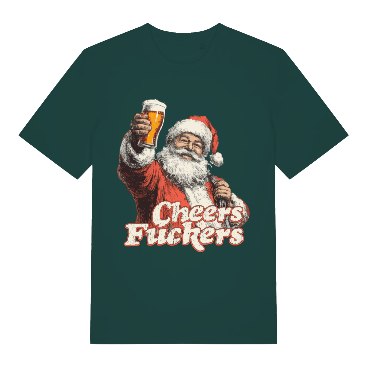 Green Cheers Fuckers T-shirt flat lay featuring funny dirty Santa holding pint "Cheers Fuckers" slogan