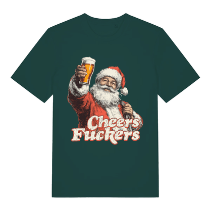 Green Cheers Fuckers T-shirt flat lay featuring funny dirty Santa holding pint "Cheers Fuckers" slogan