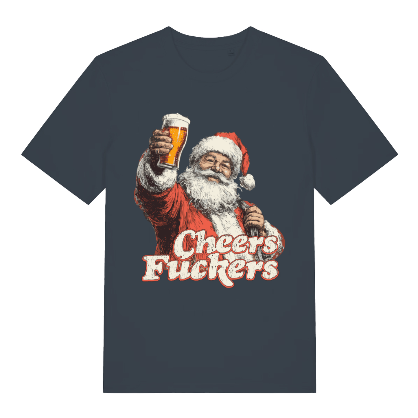 Ink grey Cheers Fuckers T-shirt flat lay showing cheeky Santa Christmas rude design